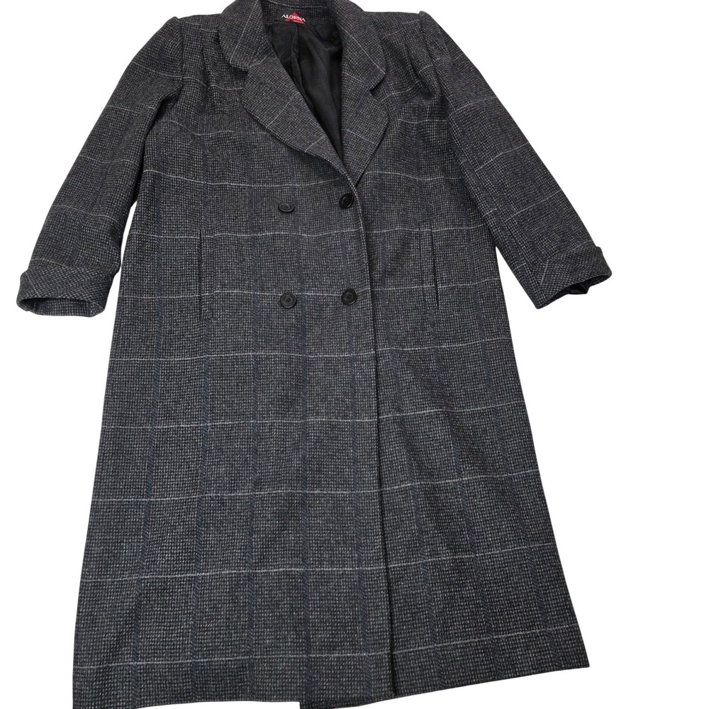 1990s Wool Coat Womens XL Grey Teal Plaid Double‎ Breasted Alorna Forstmann GUC